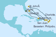 Visitando Miami (Florida/EEUU), Great Stirrup Cay (Bahamas), San Juan (Puerto Rico), St. John´s (Antigua y Barbuda), Philipsburg (St. Maarten), Basseterre (Antillas), Charlotte Amalie (St. Thomas), PUERTO PLATA, REPUBLICA DOMINICANA, Miami (Florida/EEUU)