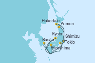 Visitando Tokio (Japón), Shimizu (Japón), Kyoto (Japón), Kyoto (Japón), Hiroshima (Japón), Busán (Corea del Sur), Aomori (Japón), Hakodate (Japón), Tokio (Japón)
