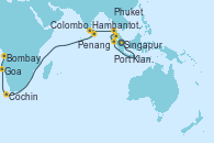 Visitando Singapur, Port Klang (Malasia), Penang (Malasia), Penang (Malasia), Phuket (Tailandia), Hambantota (Sri Lanka), Colombo (Sri Lanka), Cochin (India), Cochin (India), Goa (India), Bombay (India), Bombay (India)