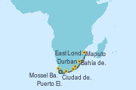 Visitando Ciudad del Cabo (Sudáfrica), Puerto Elizabeth (Sudáfrica), East London (África), Maputo (Mozambique), Bahía de Richards (Sudáfrica), Durban (Sudáfrica), Mossel Bay (Sudáfrica), Ciudad del Cabo (Sudáfrica), Ciudad del Cabo (Sudáfrica)