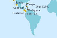 Visitando Tampa (Florida), Gran Caimán (Islas Caimán), Cartagena de Indias (Colombia), Canal Panamá, Puntarenas (Costa Rica), Cabo San Lucas (México), Seattle (Washington/EEUU)