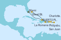 Visitando Miami (Florida/EEUU), Great Stirrup Cay (Bahamas), La Romana (República Dominicana), Charlotte Amalie (St. Thomas), Philipsburg (St. Maarten), San Juan (Puerto Rico), PUERTO PLATA, REPUBLICA DOMINICANA, Miami (Florida/EEUU)