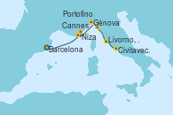 Visitando Barcelona, Cannes (Francia), Niza (Francia), Génova (Italia), Portofino (Italia), Livorno, Pisa y Florencia (Italia), Civitavecchia (Roma)