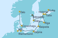 Visitando Estocolmo (Suecia), Visby (Suecia), Kotka (Finlandia), Tallin (Estonia), Helsinki (Finlandia), Riga (Letonia), Klaipeda (Lituania), Gdynia (Polonia), Warnemunde (Alemania), Kiel (Alemania), Copenhague (Dinamarca), Oslo (Noruega)