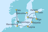 Visitando Copenhague (Dinamarca), Oslo (Noruega), Warnemunde (Alemania), Gdynia (Polonia), Klaipeda (Lituania), Riga (Letonia), Tallin (Estonia), Helsinki (Finlandia), Visby (Suecia), Estocolmo (Suecia)