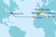 Visitando Nueva York (Estados Unidos), Funchal (Madeira), Málaga, Marsella (Francia), Niza (Francia), La Spezia, Florencia y Pisa (Italia), Civitavecchia (Roma)