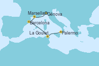 Visitando Génova (Italia), Marsella (Francia), Barcelona, La Goulette (Tunez), Palermo (Italia)