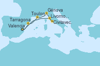 Visitando Valencia, Tarragona (España), Toulon (Francia), Génova (Italia), Civitavecchia (Roma), Livorno, Pisa y Florencia (Italia), Valencia