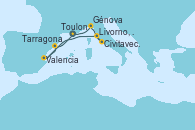 Visitando Toulon (Francia), Génova (Italia), Civitavecchia (Roma), Livorno, Pisa y Florencia (Italia), Valencia, Tarragona (España), Toulon (Francia)