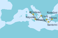 Visitando Civitavecchia (Roma), Messina (Sicilia), Corfú (Grecia), Santorini (Grecia), Kusadasi (Efeso/Turquía), Atenas (Grecia), Nápoles (Italia), Civitavecchia (Roma)