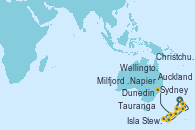 Visitando Auckland (Nueva Zelanda), Auckland (Nueva Zelanda), Tauranga (Nueva Zelanda), Napier (Nueva Zelanda), Wellington (Nueva Zelanda), Christchurch (Nueva Zelanda), Dunedin (Nueva Zelanda), Isla Stewart (Nueva Zelanda), Milfjord Sound (Nueva Zelanda), Sydney (Australia), Sydney (Australia)