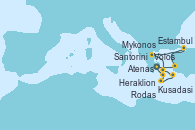 Visitando Atenas (Grecia), Kusadasi (Efeso/Turquía), Estambul (Turquía), Estambul (Turquía), Volos (Grecia), Mykonos (Grecia), Rodas (Grecia), Heraklion (Creta), Santorini (Grecia), Atenas (Grecia)