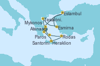 Visitando Atenas (Grecia), Tesalónica (Grecia), Esmirna (Turquía), Estambul (Turquía), Estambul (Turquía), Mykonos (Grecia), Paros (Grecia), Heraklion (Creta), Rodas (Grecia), Santorini (Grecia), Atenas (Grecia)