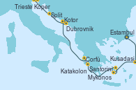 Visitando Estambul (Turquía), Kusadasi (Efeso/Turquía), Santorini (Grecia), Mykonos (Grecia), Katakolon (Olimpia/Grecia), Corfú (Grecia), Kotor (Montenegro), Dubrovnik (Croacia), Split (Croacia), Koper (Eslovenia), Trieste (Italia)