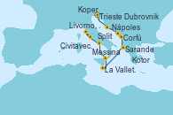 Visitando Trieste (Italia), Koper (Eslovenia), Split (Croacia), Dubrovnik (Croacia), Kotor (Montenegro), Sarande (Albania), Corfú (Grecia), La Valletta (Malta), Messina (Sicilia), Nápoles (Italia), Livorno, Pisa y Florencia (Italia), Civitavecchia (Roma)