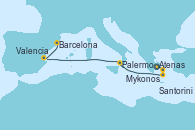Visitando Atenas (Grecia), Mykonos (Grecia), Santorini (Grecia), Palermo (Italia), Valencia, Barcelona