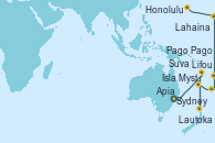 Visitando Sydney (Australia), Lifou (Isla Loyalty/Nueva Caledonia), Isla Mystery (Vanuatu), Lautoka (Fiyi), Suva (Fiyi), Apia (Samoa), Pago Pago (Samoa), Lahaina  (Hawai), Honolulu (Hawai)