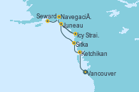 Visitando Vancouver (Canadá), Ketchikan (Alaska), Sitka (Alaska), Juneau (Alaska), Icy Strait Point (Alaska), Navegación por Glaciar Hubbard (Alaska), Seward (Alaska)