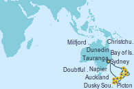 Visitando Sydney (Australia), Bay of Islands (Nueva Zelanda), Tauranga (Nueva Zelanda), Auckland (Nueva Zelanda), Napier (Nueva Zelanda), Picton (Australia), Christchurch (Nueva Zelanda), Dunedin (Nueva Zelanda), Dusky Sound (Nueva Zelanda), Doubtful Sound (Nueva Zelanda), Milfjord Sound (Nueva Zelanda), Sydney (Australia)