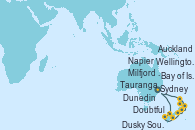 Visitando Sydney (Australia), Milfjord Sound (Nueva Zelanda), Doubtful Sound (Nueva Zelanda), Dusky Sound (Nueva Zelanda), Dunedin (Nueva Zelanda), Wellington (Nueva Zelanda), Napier (Nueva Zelanda), Tauranga (Nueva Zelanda), Auckland (Nueva Zelanda), Bay of Islands (Nueva Zelanda), Sydney (Australia)