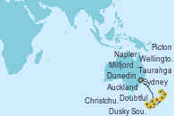 Visitando Sydney (Australia), Milfjord Sound (Nueva Zelanda), Doubtful Sound (Nueva Zelanda), Dusky Sound (Nueva Zelanda), Dunedin (Nueva Zelanda), Christchurch (Nueva Zelanda), Wellington (Nueva Zelanda), Napier (Nueva Zelanda), Picton (Australia), Tauranga (Nueva Zelanda), Auckland (Nueva Zelanda)