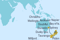 Visitando Auckland (Nueva Zelanda), Auckland (Nueva Zelanda), Bay of Islands (Nueva Zelanda), Tauranga (Nueva Zelanda), Napier (Nueva Zelanda), Picton (Australia), Wellington (Nueva Zelanda), Christchurch (Nueva Zelanda), Dunedin (Nueva Zelanda), Dusky Sound (Nueva Zelanda), Doubtful Sound (Nueva Zelanda), Milfjord Sound (Nueva Zelanda), Sydney (Australia)