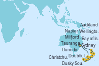 Visitando Sydney (Australia), Milfjord Sound (Nueva Zelanda), Doubtful Sound (Nueva Zelanda), Dusky Sound (Nueva Zelanda), Dunedin (Nueva Zelanda), Christchurch (Nueva Zelanda), Wellington (Nueva Zelanda), Napier (Nueva Zelanda), Tauranga (Nueva Zelanda), Auckland (Nueva Zelanda), Bay of Islands (Nueva Zelanda), Sydney (Australia)