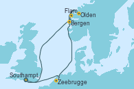 Visitando Southampton (Inglaterra), Zeebrugge (Bruselas), Flam (Noruega), Olden (Noruega), Bergen (Noruega), Southampton (Inglaterra)