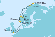 Visitando Southampton (Inglaterra), Stavanger (Noruega), Olden (Noruega), Flam (Noruega), Tromso (Noruega), Honningsvag (Noruega), Kristiansand (Noruega), Southampton (Inglaterra)