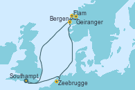 Visitando Southampton (Inglaterra), Zeebrugge (Bruselas), Flam (Noruega), Geiranger (Noruega), Bergen (Noruega), Southampton (Inglaterra)