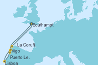 Visitando Southampton (Inglaterra), Vigo (España), Lisboa (Portugal), Puerto Leixões (Portugal), La Coruña (Galicia/España), Southampton (Inglaterra)