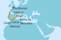 Visitando Southampton (Inglaterra), Puerto Leixões (Portugal), Lisboa (Portugal), Valencia, Barcelona, Ibiza (España), Palma de Mallorca (España), Cádiz (España), Southampton (Inglaterra)