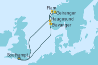 Visitando Southampton (Inglaterra), Stavanger (Noruega), Geiranger (Noruega), Flam (Noruega), Haugesund (Noruega), Southampton (Inglaterra)