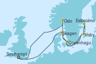 Visitando Southampton (Inglaterra), Skagen (Dinamarca), Estocolmo (Suecia), Visby (Suecia), Copenhague (Dinamarca), Oslo (Noruega), Oslo (Noruega), Southampton (Inglaterra)