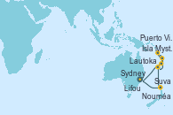 Visitando Sydney (Australia), Nouméa (Nueva Caledonia), Suva (Fiyi), Lautoka (Fiyi), Isla Mystery (Vanuatu), Puerto Vila (Vanuatu), Lifou (Isla Loyalty/Nueva Caledonia), Sydney (Australia)