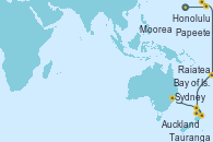 Visitando Honolulu (Hawai), Papeete (Tahití), Moorea (Tahití), Raiatea (Polinesia Francesa), Auckland (Nueva Zelanda), Tauranga (Nueva Zelanda), Bay of Islands (Nueva Zelanda), Sydney (Australia)