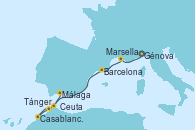 Visitando Génova (Italia), Marsella (Francia), Barcelona, Tánger (Marruecos), Casablanca (Marruecos), Ceuta (España), Málaga