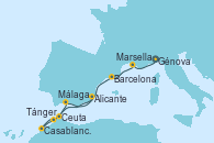 Visitando Génova (Italia), Marsella (Francia), Barcelona, Tánger (Marruecos), Casablanca (Marruecos), Ceuta (España), Málaga, Alicante (España)