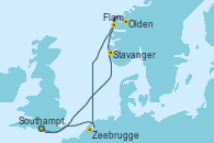 Visitando Southampton (Inglaterra), Stavanger (Noruega), Olden (Noruega), Flam (Noruega), Zeebrugge (Bruselas), Southampton (Inglaterra)
