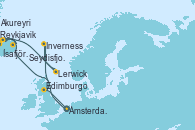 Visitando Ámsterdam (Holanda), Reykjavik (Islandia), Ísafjörður (Islandia), Seydisfjordur (Islandia), Akureyri (Islandia), Lerwick (Escocia), Inverness (Escocia), Edimburgo (Escocia), Ámsterdam (Holanda)