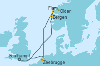 Visitando Southampton (Inglaterra), Bergen (Noruega), Olden (Noruega), Flam (Noruega), Zeebrugge (Bruselas), Southampton (Inglaterra)
