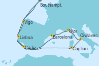 Visitando Southampton (Inglaterra), Cádiz (España), Cagliari (Cerdeña), Civitavecchia (Roma), Niza (Francia), Barcelona, Lisboa (Portugal), Vigo (España), Southampton (Inglaterra)