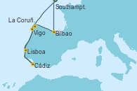 Visitando Southampton (Inglaterra), Bilbao (España), La Coruña (Galicia/España), Cádiz (España), Lisboa (Portugal), Vigo (España), Southampton (Inglaterra)