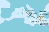 Visitando Civitavecchia (Roma), Nápoles (Italia), Mykonos (Grecia), Atenas (Grecia), Kusadasi (Efeso/Turquía), Santorini (Grecia), Chania (Creta/Grecia), Civitavecchia (Roma)