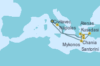 Visitando Civitavecchia (Roma), Nápoles (Italia), Mykonos (Grecia), Santorini (Grecia), Kusadasi (Efeso/Turquía), Atenas (Grecia), Chania (Creta/Grecia), Civitavecchia (Roma)