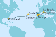 Visitando Fort Lauderdale (Florida/EEUU), Ponta Delgada (Azores), Málaga, Cartagena (Murcia), La Spezia, Florencia y Pisa (Italia), Civitavecchia (Roma)