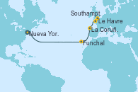 Visitando Nueva York (Estados Unidos), Funchal (Madeira), La Coruña (Galicia/España), Le Havre (Francia), Southampton (Inglaterra)