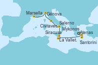 Visitando Atenas (Grecia), Santorini (Grecia), Mykonos (Grecia), La Valletta (Malta), Siracusa (Sicilia), Salerno (Italia), Civitavecchia (Roma), Génova (Italia), Marsella (Francia)