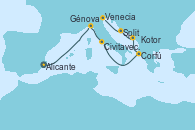 Visitando Alicante (España), Génova (Italia), Civitavecchia (Roma), Corfú (Grecia), Kotor (Montenegro), Split (Croacia), Venecia (Italia)