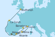 Visitando Málaga, Alicante (España), Palma de Mallorca (España), Toulon (Francia), Barcelona, La Coruña (Galicia/España), Southampton (Inglaterra)